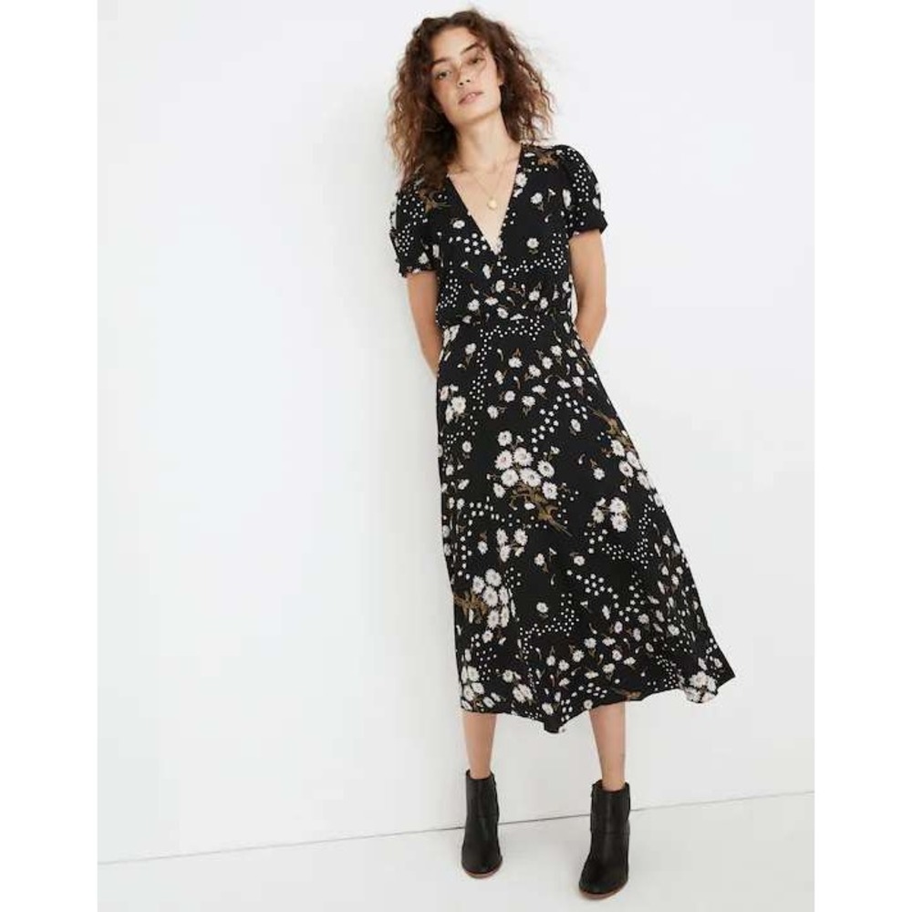 Madewell Black Daisy Polka Dot Midi Dress Faux Wrap V-Neck MB215 Size 2